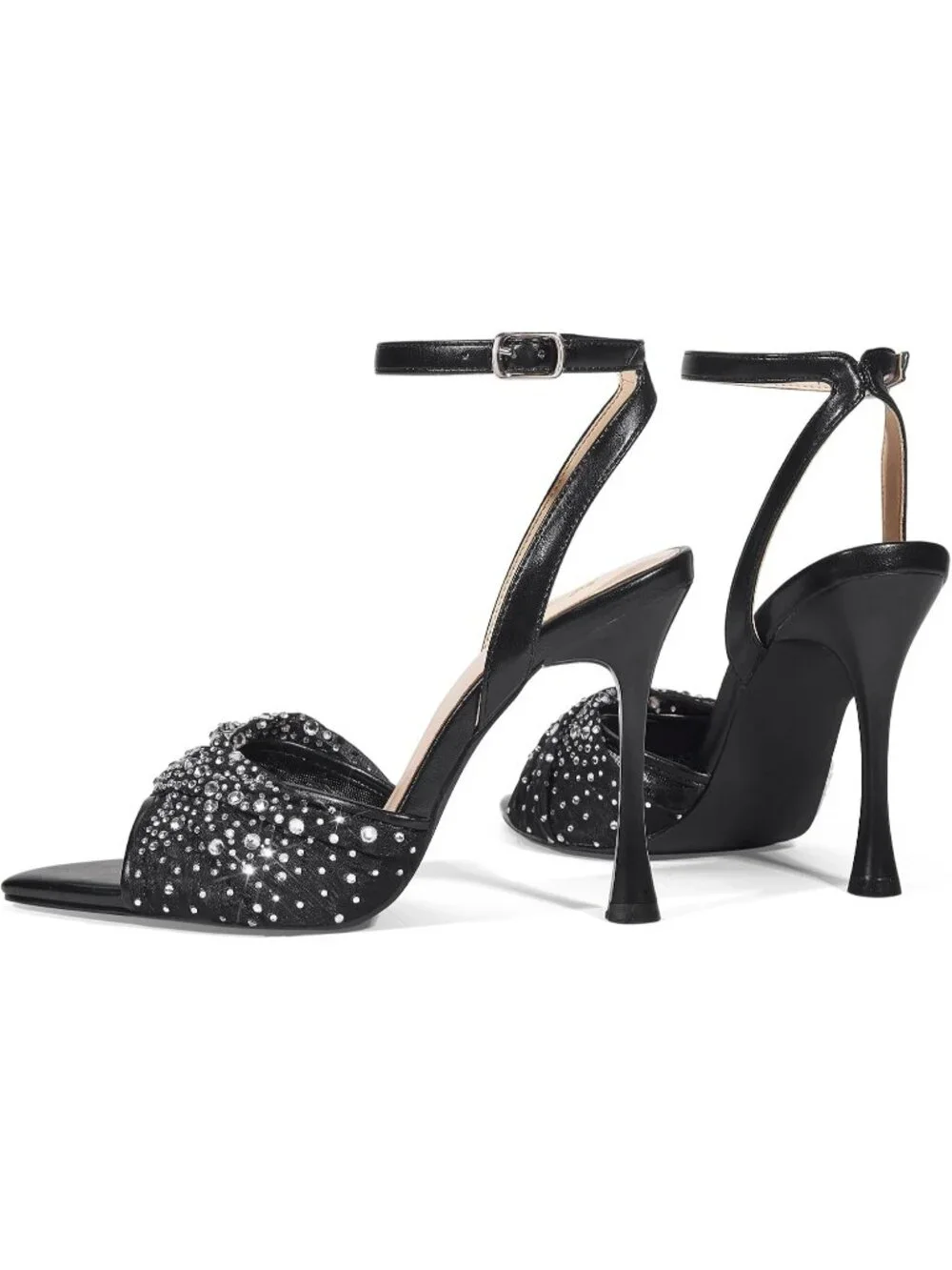 Women's Black Mesh Rhinestone 4 Inch Strappy High Heels Sandals Pointed Open Toe